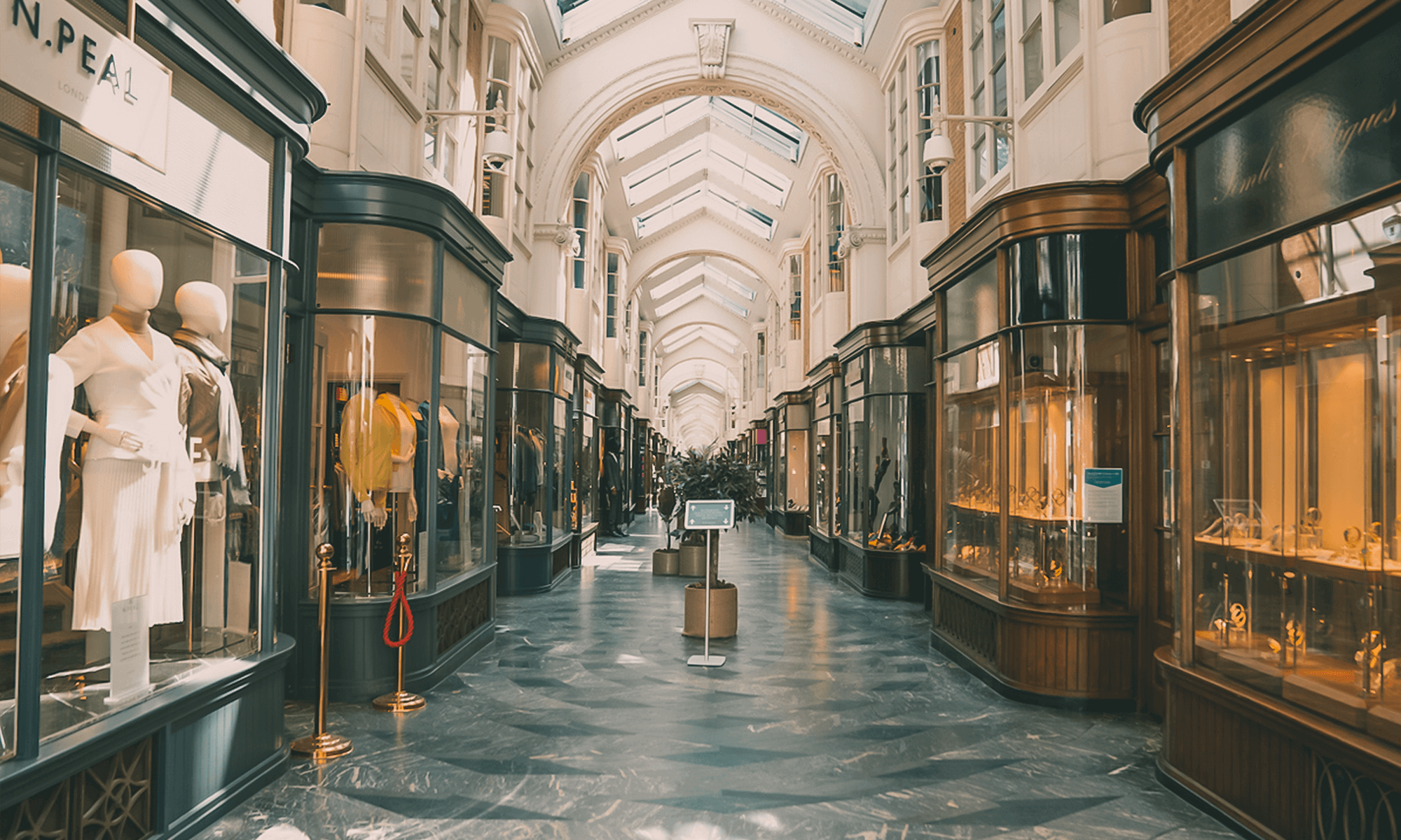 View of shops inside Burlington Arcade in Mayfair, London