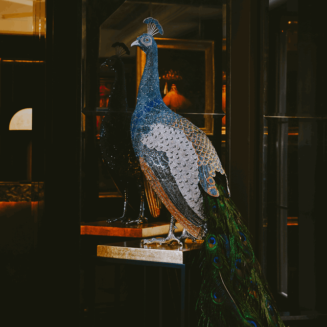 Peacock sculpture at The Mayfair Townhouse in London