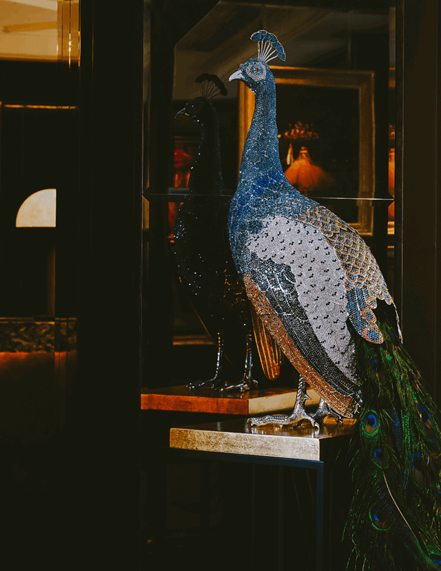 Peacock sculpture at The Mayfair Townhouse in London