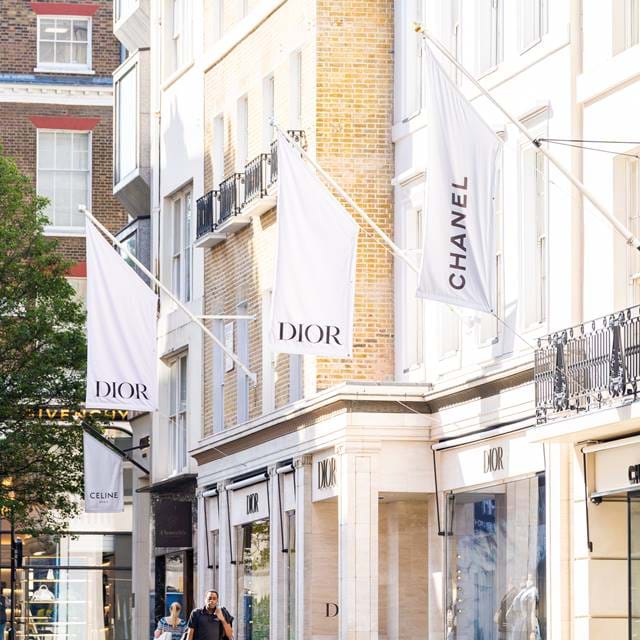 Exterior day time view of luxury boutiques in London